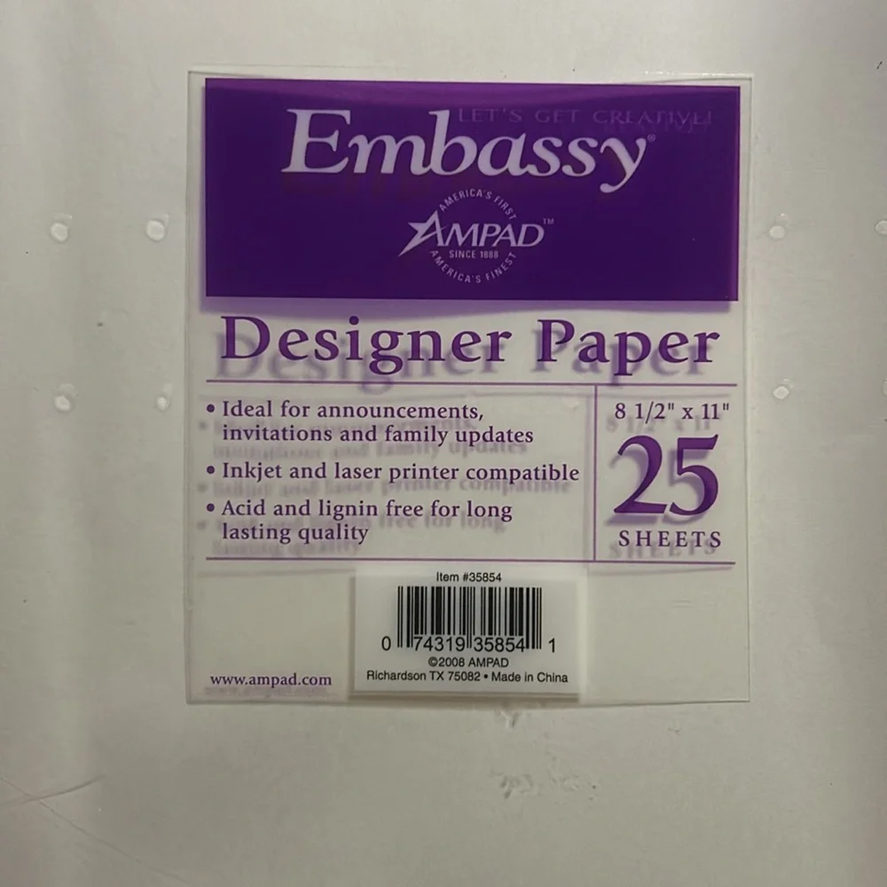 4 Packages of 25 Count Embassy Designer Paper 8.5” x 11”